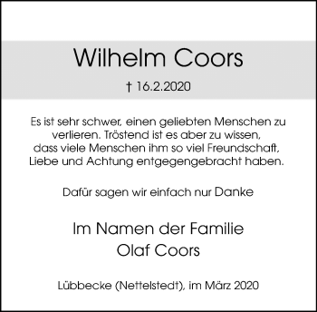 Traueranzeige von Wilhelm Coors von Neue Westfälische