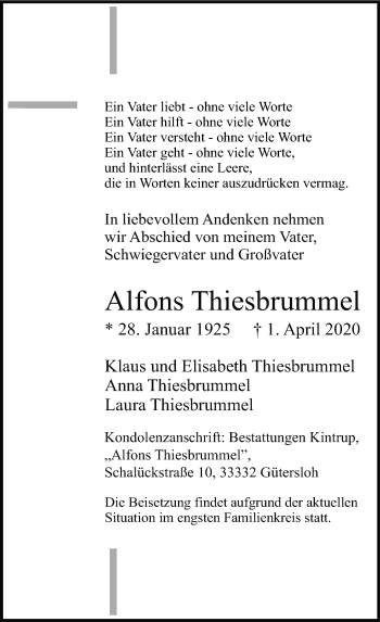 Traueranzeige von Alfons Thiesbrummel von Neue Westfälische