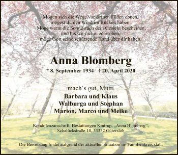 Traueranzeige von Anna Blomberg von Neue Westfälische