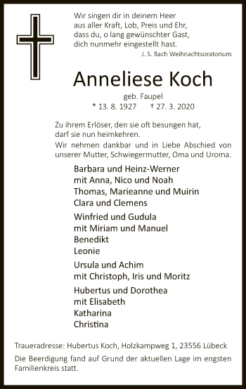 Traueranzeige von Anneliese Koch von Neue Westfälische