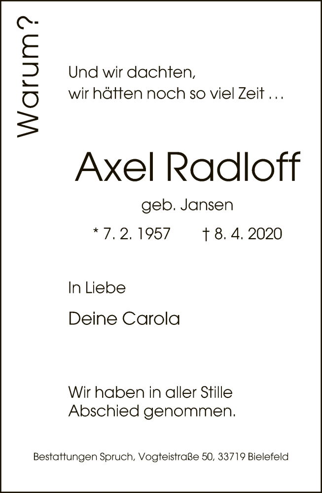  Traueranzeige für Axel Radloff vom 25.04.2020 aus Neue Westfälische