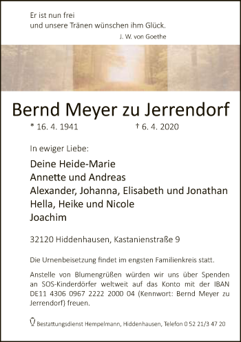 Traueranzeige von Bernd  Meyer zu Jerrendorf von Neue Westfälische