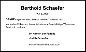 Traueranzeige von Berthold Schaefer von Neue Westfälische