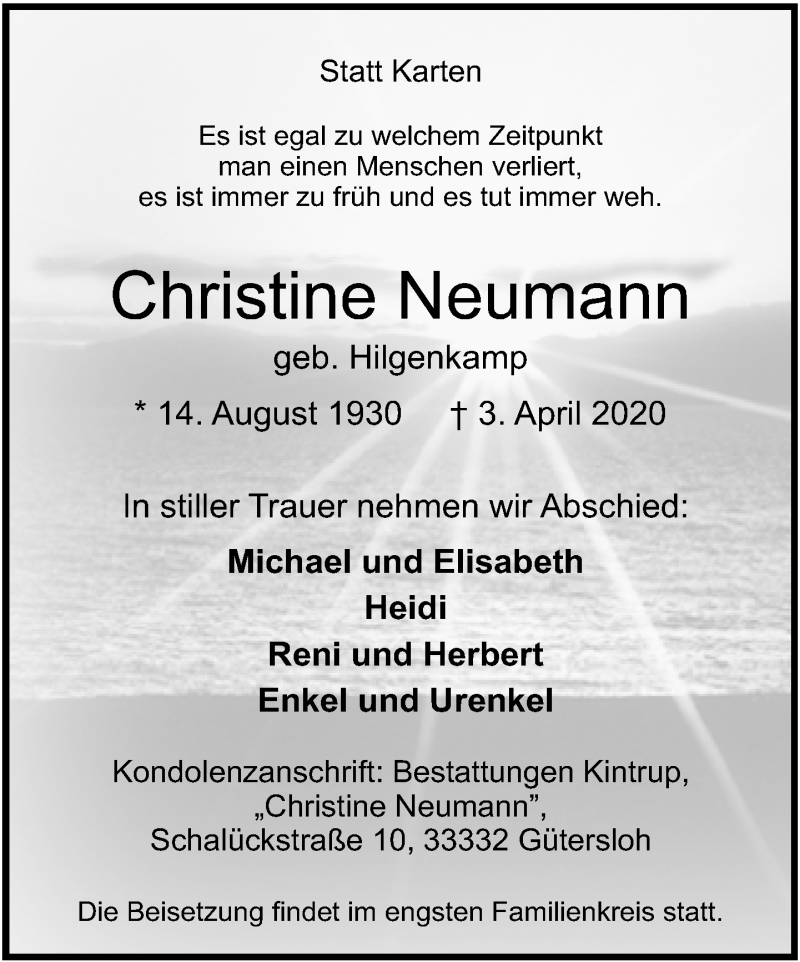  Traueranzeige für Christine Neumann vom 07.04.2020 aus Neue Westfälische