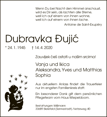 Traueranzeige von Dubravka Dujic von Neue Westfälische