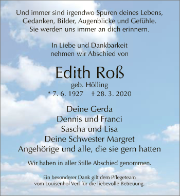 Traueranzeige von Edith Roß von Neue Westfälische