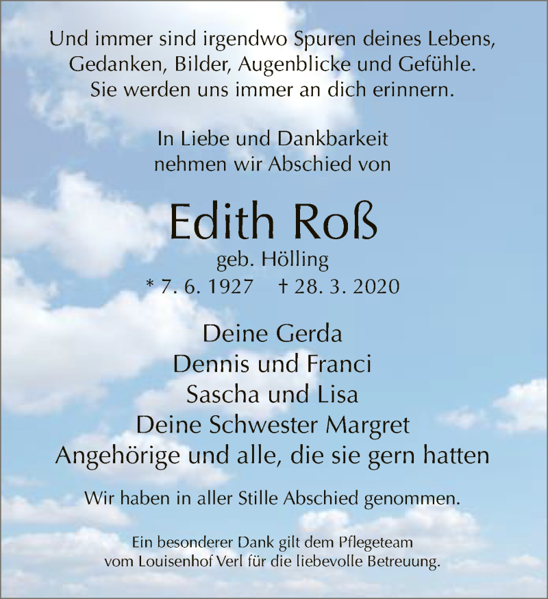  Traueranzeige für Edith Roß vom 09.04.2020 aus Neue Westfälische