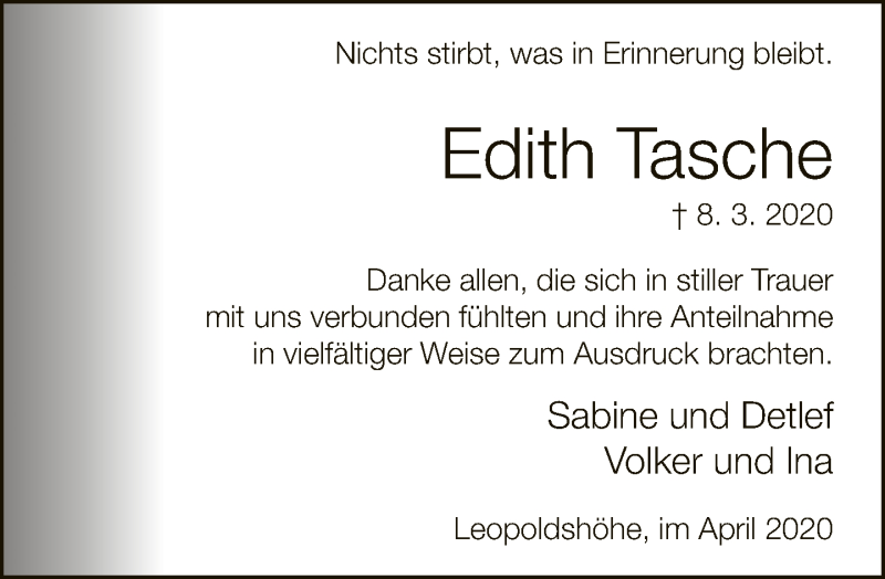  Traueranzeige für Edith Tasche vom 22.04.2020 aus Neue Westfälische