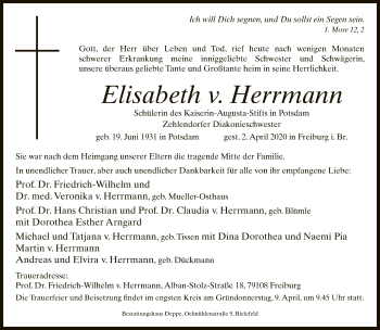 Traueranzeige von Elisabeth v. Herrmann von Neue Westfälische
