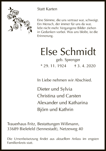Traueranzeige von Else Schmidt von Neue Westfälische