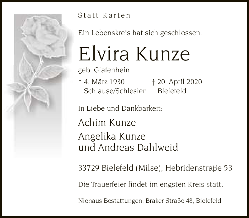  Traueranzeige für Elvira Kunze vom 25.04.2020 aus Neue Westfälische