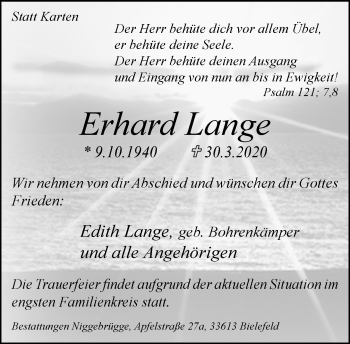 Traueranzeige von Erhard Lange von Neue Westfälische