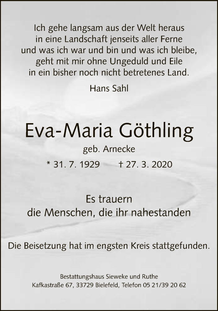  Traueranzeige für Eva-Maria Göthling vom 04.04.2020 aus Neue Westfälische