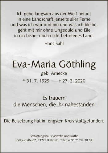 Traueranzeige von Eva-Maria Göthling von Neue Westfälische