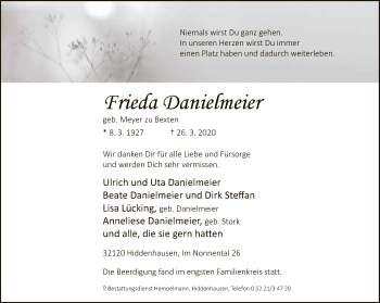 Traueranzeige von Frieda Danielmeier von Neue Westfälische