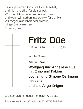 Traueranzeige von Fritz Düe von Neue Westfälische