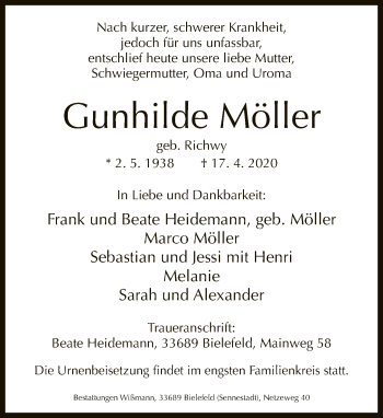 Traueranzeige von Gunhilde Möller von Neue Westfälische