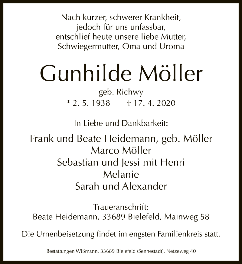  Traueranzeige für Gunhilde Möller vom 22.04.2020 aus Neue Westfälische