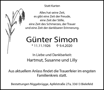 Traueranzeige von Günter Simon von Neue Westfälische