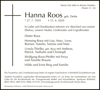 Traueranzeige von Hanna Roos von Neue Westfälische