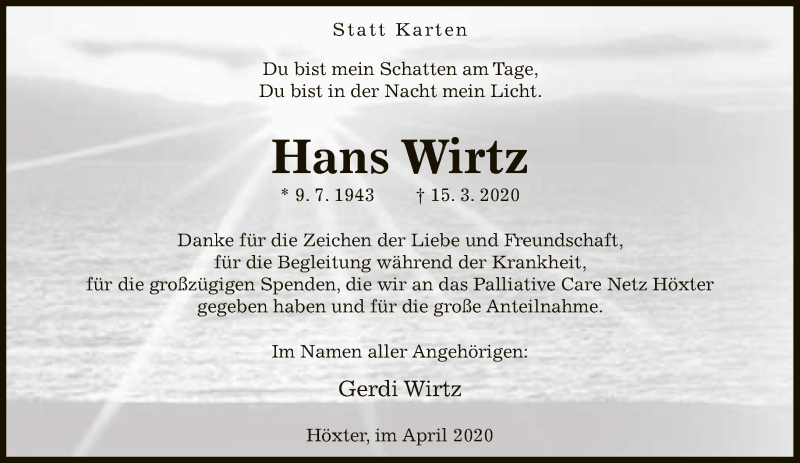  Traueranzeige für Hans Wirtz vom 18.04.2020 aus Neue Westfälische