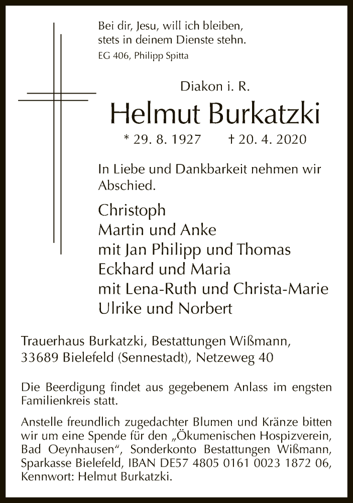 Traueranzeige für Helmut Burkatzki vom 25.04.2020 aus Neue Westfälische