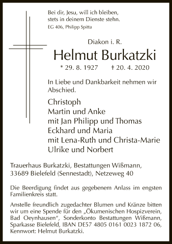 Traueranzeige von Helmut Burkatzki von Neue Westfälische