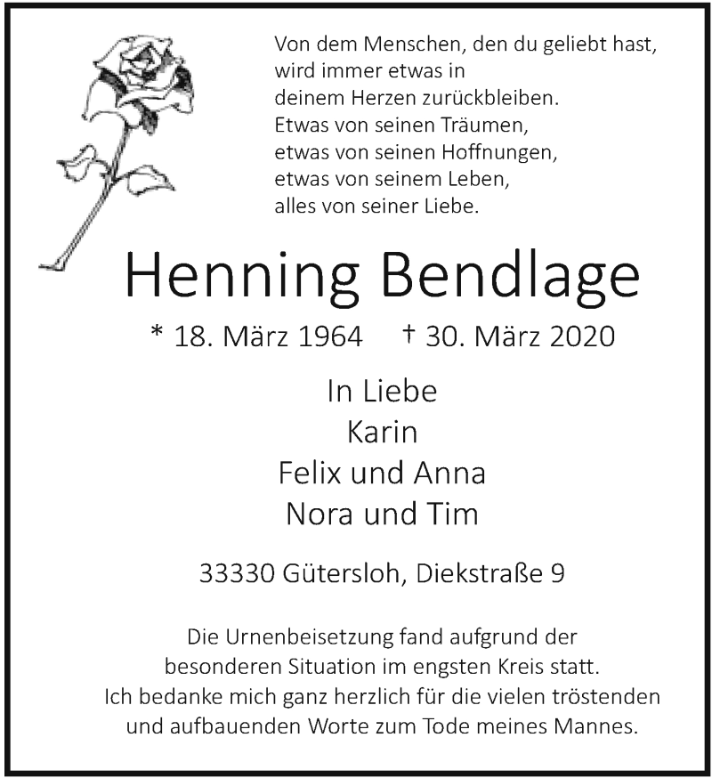  Traueranzeige für Henning Bendlage vom 18.04.2020 aus Neue Westfälische