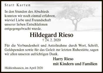 Traueranzeige von Hildegard Rieso von Neue Westfälische