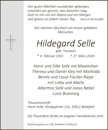 Traueranzeige von Hildegard Selle von Neue Westfälische