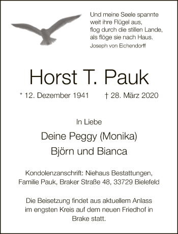 Traueranzeige von Horst T. Pauk von Neue Westfälische