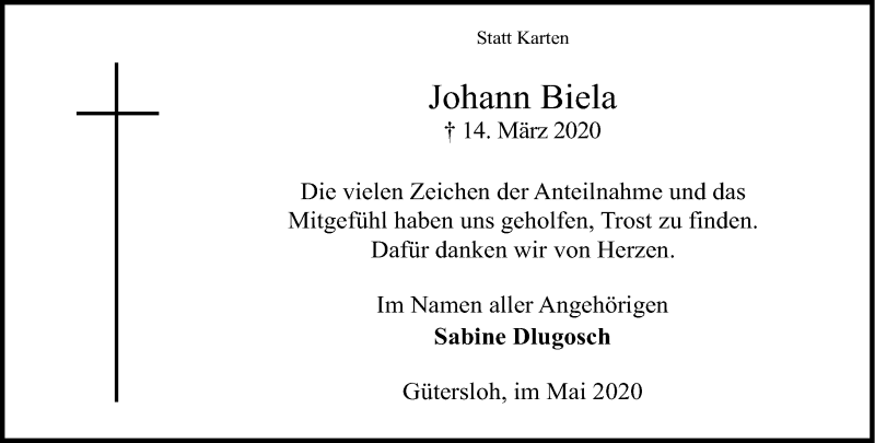  Traueranzeige für Johann Biela vom 25.04.2020 aus Neue Westfälische