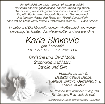 Traueranzeige von Karla Sinkovic von Neue Westfälische