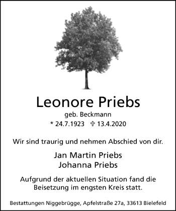 Traueranzeige von Leonore Priebs von Neue Westfälische