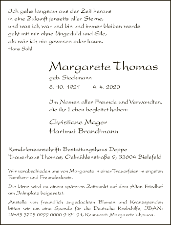 Traueranzeige von Margarete Thomas von Neue Westfälische