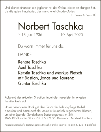 Traueranzeige von Norbert Taschka von Neue Westfälische