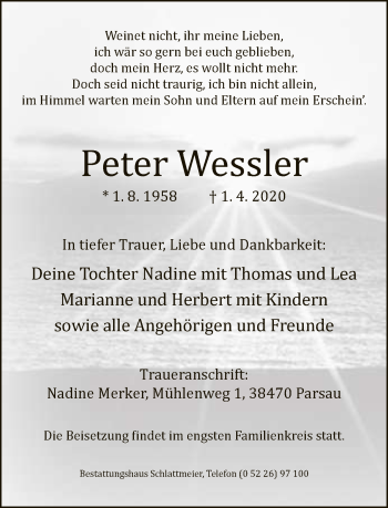 Traueranzeige von Peter Wessler von Neue Westfälische