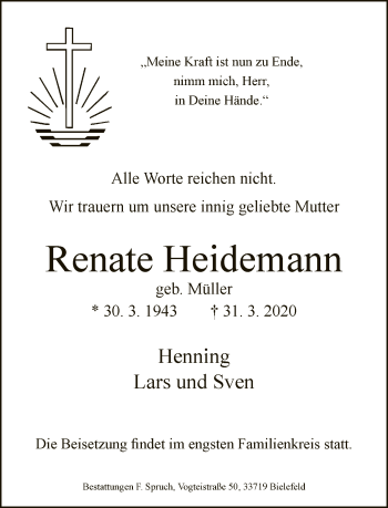 Traueranzeige von Renate Heidemann von Neue Westfälische