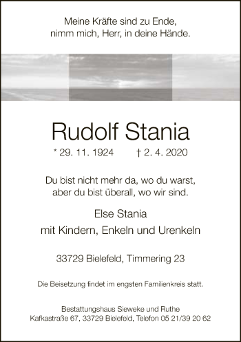 Traueranzeige von Rudolf Stania von Neue Westfälische