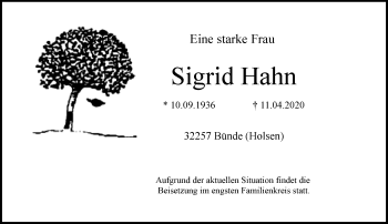 Traueranzeige von Sigrid Hahn von Neue Westfälische