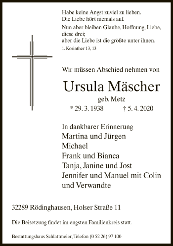 Traueranzeige von Ursula Mäscher von Neue Westfälische