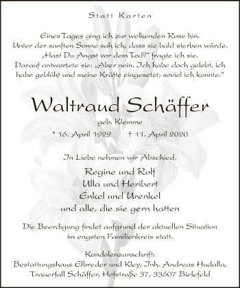 Traueranzeige von Waltraud Schäffer von Neue Westfälische