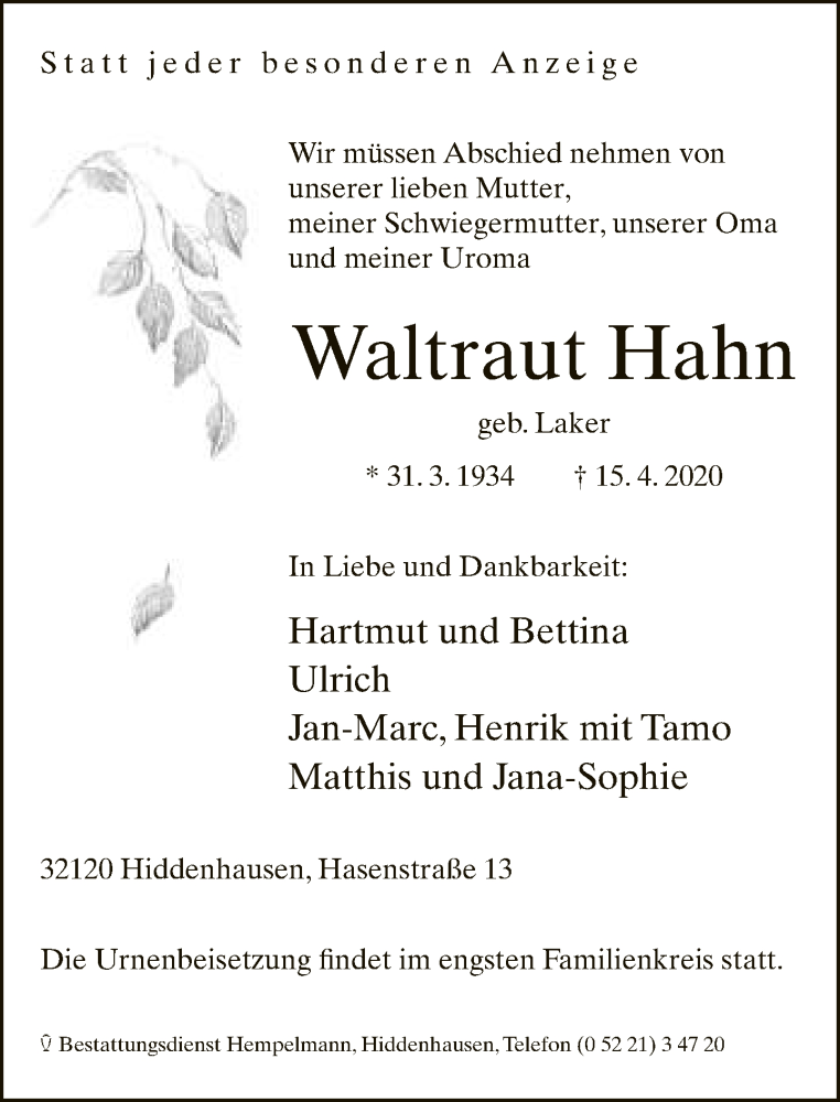  Traueranzeige für Waltraut Hahn vom 18.04.2020 aus Neue Westfälische