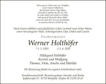 Traueranzeige von Werner Holthöfer von Neue Westfälische