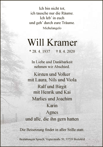Traueranzeige von Will Kramer von Neue Westfälische