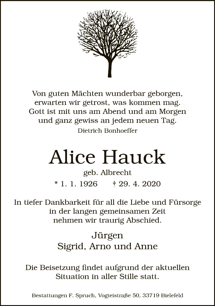  Traueranzeige für Alice Hauck vom 01.05.2020 aus Neue Westfälische