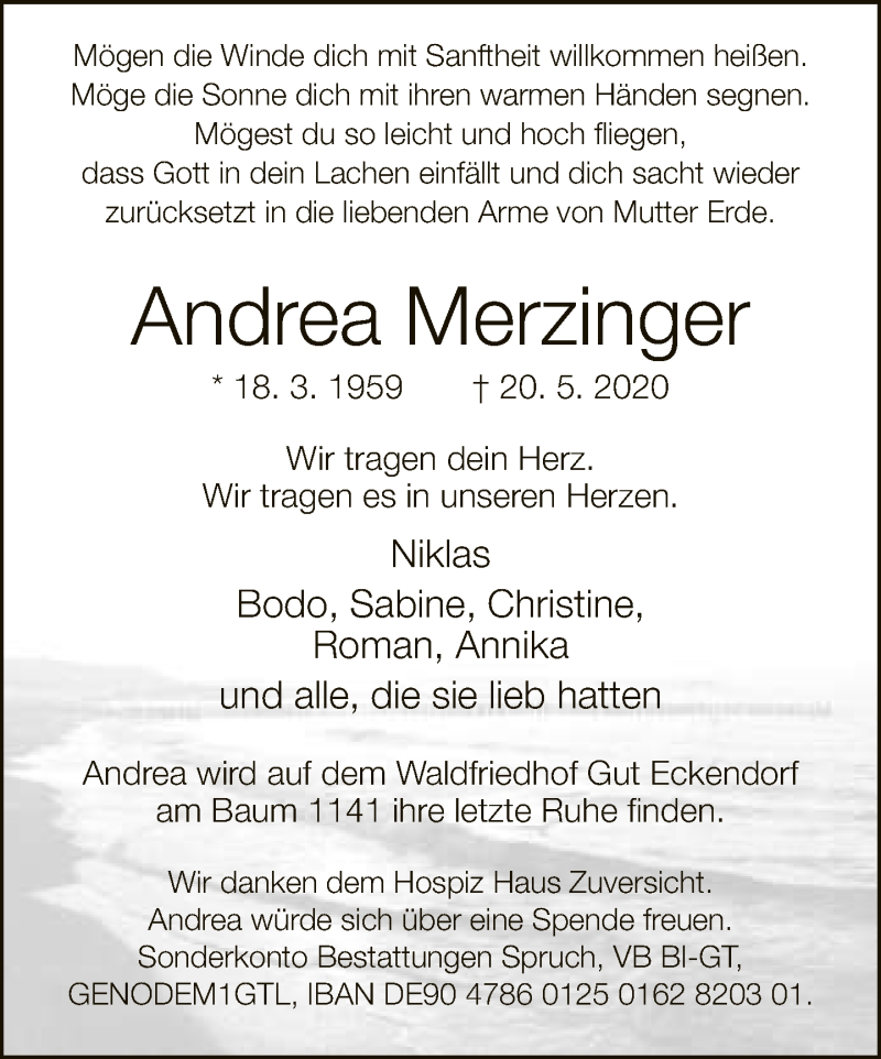  Traueranzeige für Andrea Merzinger vom 30.05.2020 aus Neue Westfälische