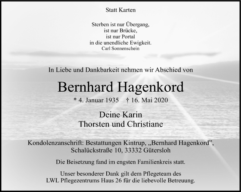  Traueranzeige für Bernhard Hagenkord vom 23.05.2020 aus Neue Westfälische
