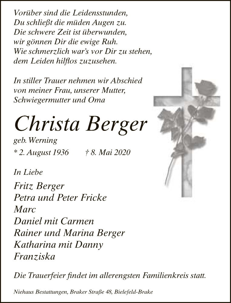  Traueranzeige für Christa Berger vom 16.05.2020 aus Neue Westfälische