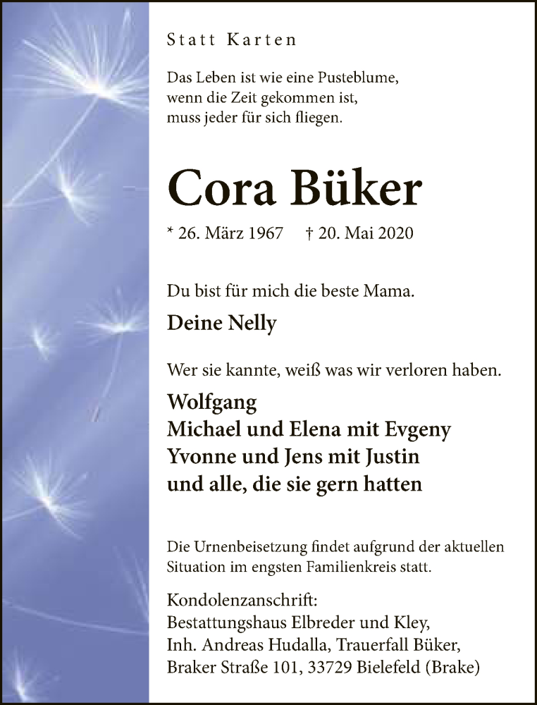  Traueranzeige für Cora Büker vom 30.05.2020 aus Neue Westfälische